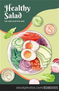 Poster template with healthy salad concept,watercolor style 