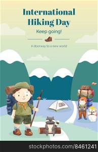 Poster template with hiking concept,watercolor style   