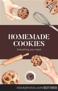 Poster template with homemade cookie concept,watercolor style  