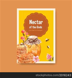 Poster template with honey concept design for marketing and leaflet watercolor vector illustration