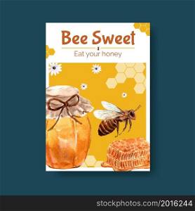 Poster template with honey concept design for marketing and leaflet watercolor vector illustration