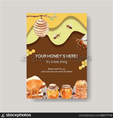 Poster template with honey concept design for marketing and leaflet watercolor vector illustration 