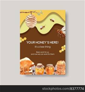 Poster template with honey concept design for marketing and leaflet watercolor vector illustration 