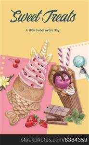 Poster template with ice cream flavor concept,watercolor style
