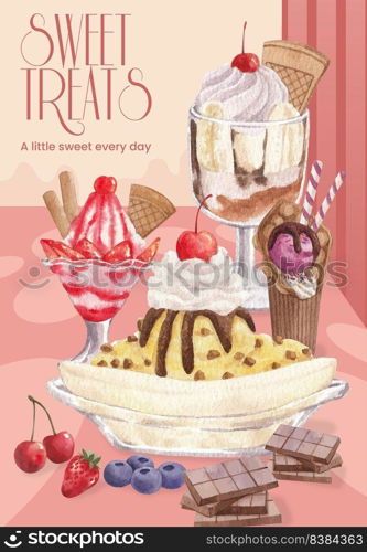 Poster template with ice cream flavor concept,watercolor style 