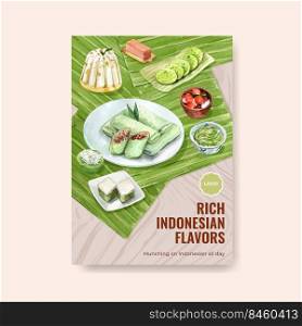 Poster template with Indonesian snack concept watercolor illustration 