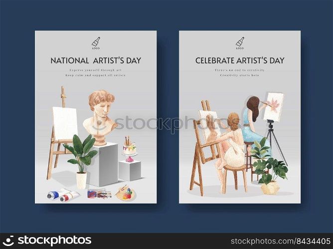 Poster template with international artists day concept,watercolor style 