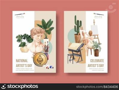 Poster template with international artists day concept,watercolor style 