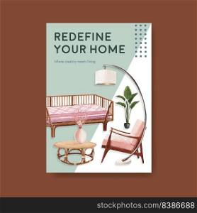 Poster template with Jassa furniture concept design for brochure and ads watercolor vector illustration 