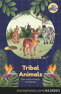 Poster template with jungle tribal animal concept,watercolor style
