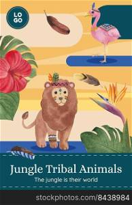 Poster template with jungle tribal animal concept,watercolor style 