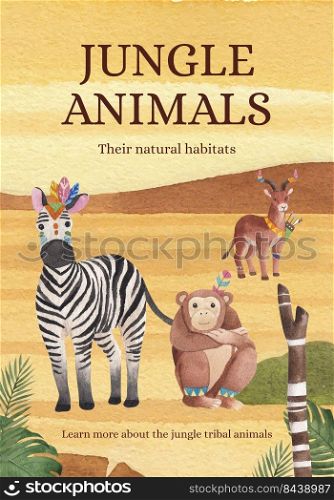 Poster template with jungle tribal animal concept,watercolor style 