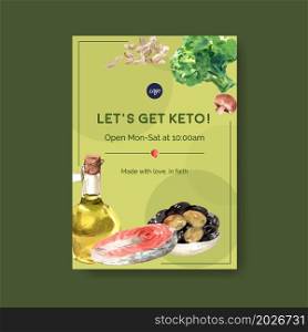 Poster template with ketogenic diet concept for advertise and brochure watercolor vector illustration.
