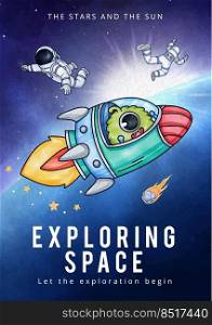 Poster template with kids explore galaxy concept,watercolor style 