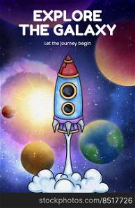Poster template with kids explore galaxy concept,watercolor style 