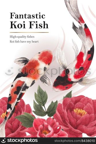 Poster template with koi fish concept,watercolor style. 