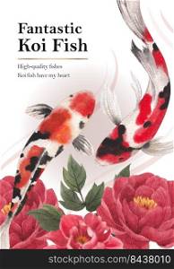 Poster template with koi fish concept,watercolor style. 