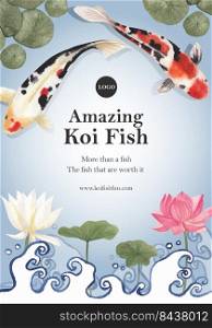 Poster template with koi fish concept,watercolor style.
