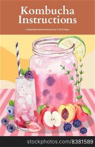 Poster template with Kombucha drink concept,watercolor style 