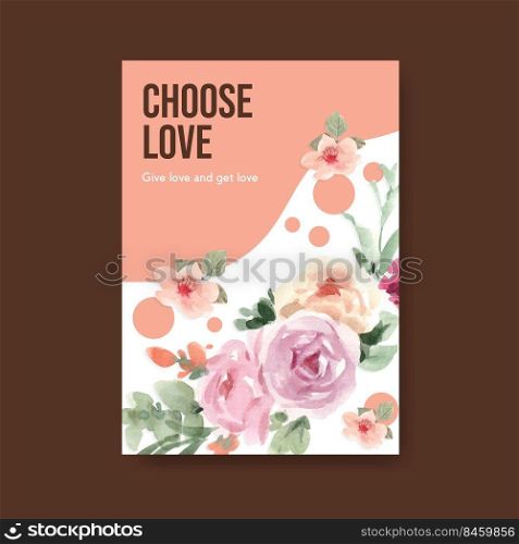 Poster template with love blooming concept design for advertise and marketing watercolor vector illustration
