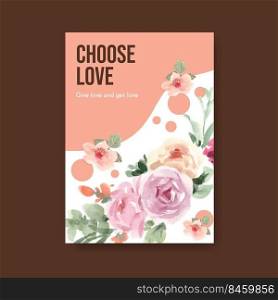 Poster template with love blooming concept design for advertise and marketing watercolor vector illustration
