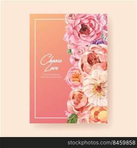 Poster template with love blooming concept design for advertise and marketing watercolor vector illustration 