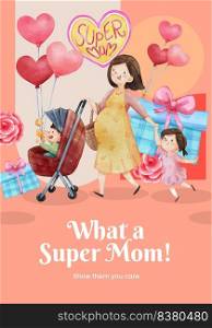 Poster template with love supermom concept,watercolor style 
