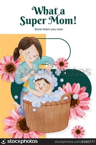 Poster template with love supermom concept,watercolor style 