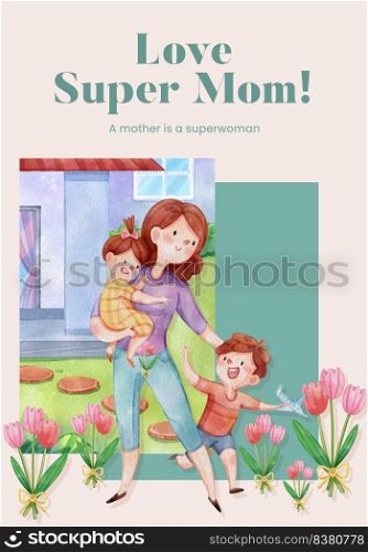 Poster template with love supermom concept,watercolor style
