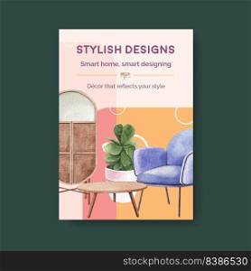 Poster template with luxury furniture concept design marketing and ads watercolor vector illustration 
