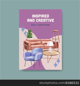Poster template with luxury furniture concept design marketing and ads watercolor vector illustration
