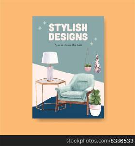 Poster template with luxury furniture concept design marketing and ads watercolor vector illustration 