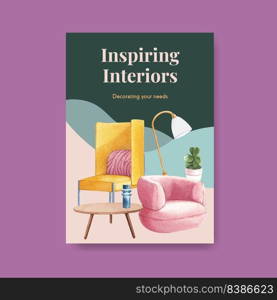 Poster template with luxury furniture concept design marketing and ads watercolor vector illustration 