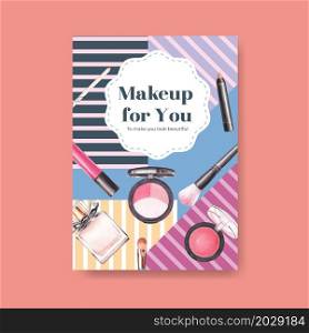 Poster template with makeup concept design for brochure and leaflet watercolor vector illustration.