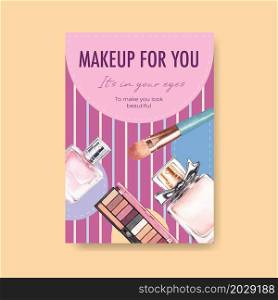 Poster template with makeup concept design for brochure and leaflet watercolor vector illustration.
