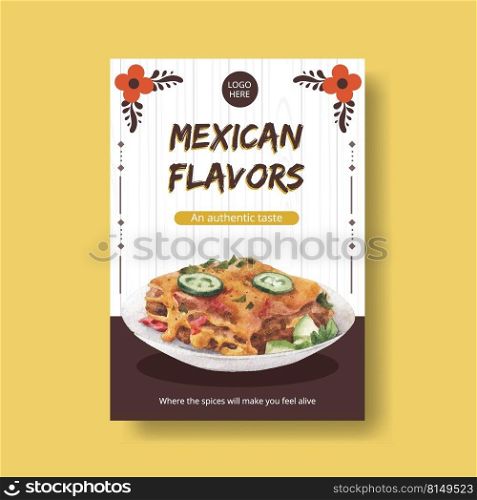 Poster template with Mexican food concept design watercolor illustration 