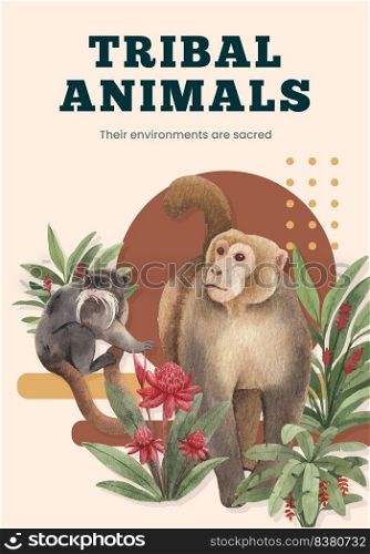 Poster template with monkey in the jungle concept,watercolor style 