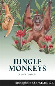 Poster template with monkey in the jungle concept,watercolor style 