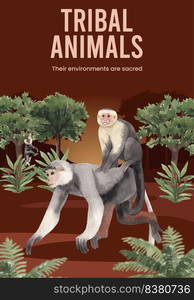 Poster template with monkey in the jungle concept,watercolor style 