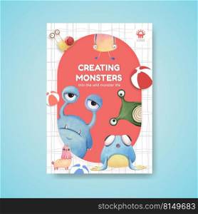 Poster template with monster concept design watercolor illustration 