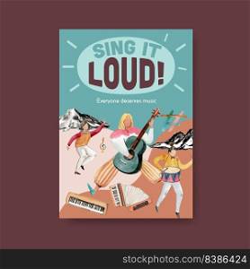 Poster template with music festival concept design for brochure and marketing watercolor vector illustration 