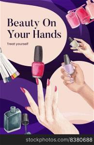 Poster template with nail salon concept,watercolor style  