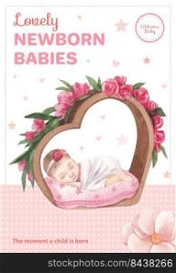 Poster template with newborn baby concept,watercolor style 