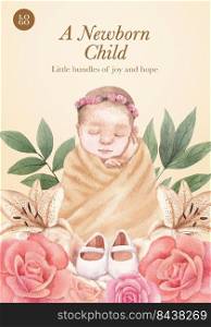 Poster template with newborn baby concept,watercolor style 