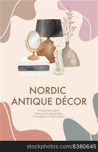 Poster template with nordic antique home concept,watercolor style  