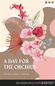 Poster template with orchid flower with boho concept,watercolor style 