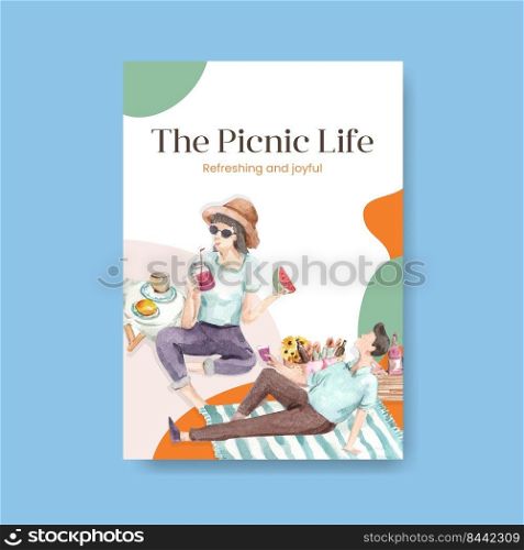 Poster template with picnic travel concept for advertise watercolor illustration 