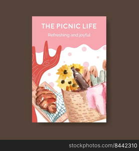 Poster template with picnic travel concept for advertise watercolor illustration 