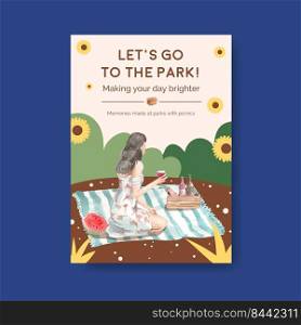 Poster template with picnic travel concept for advertise watercolor illustration 