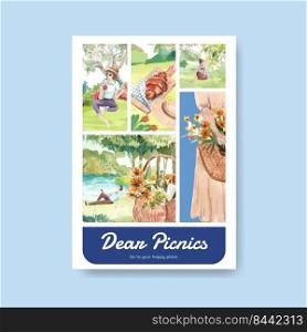 Poster template with picnic travel concept for advertise watercolor illustration

